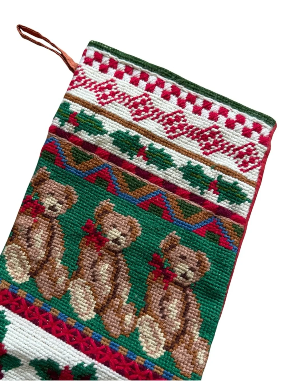 Vintage Wool Needlepoint Christmas Stocking Teddy Bears Poinsettia Holiday Decor